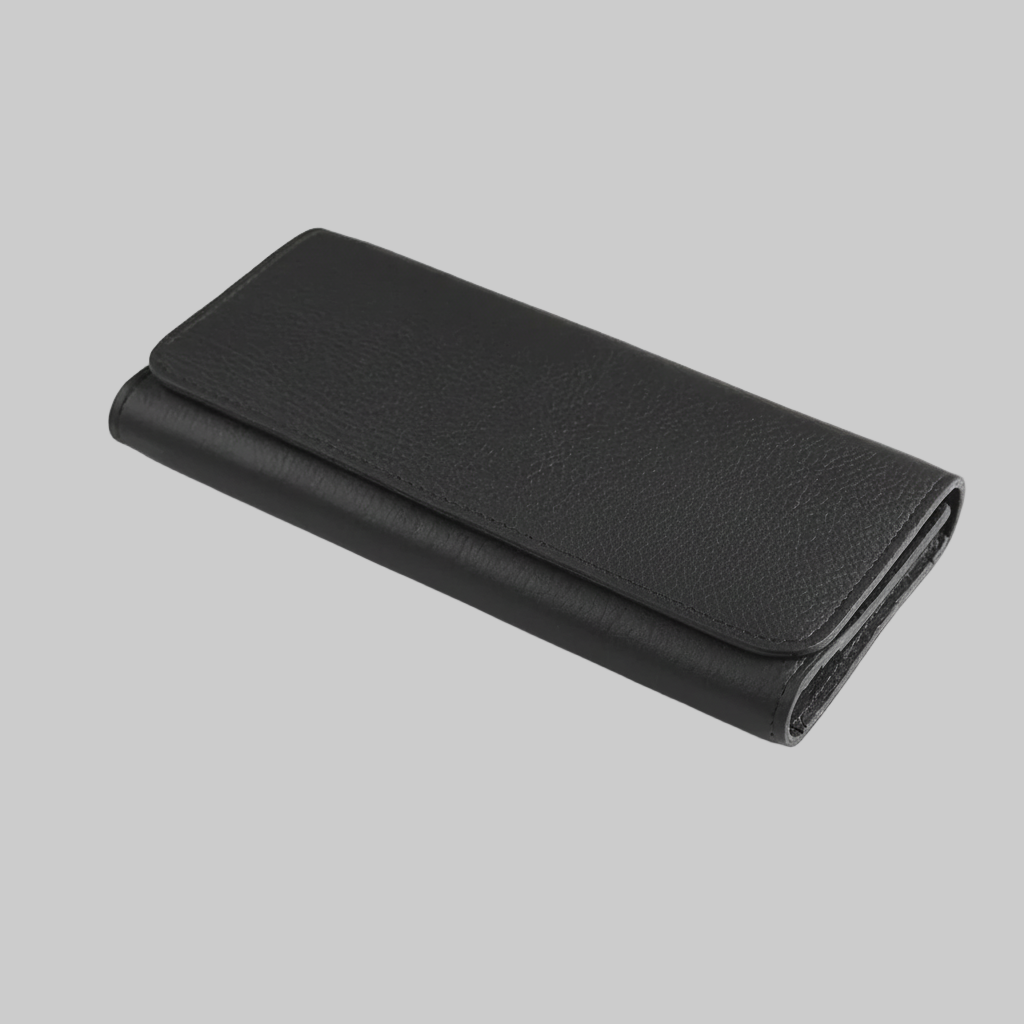 Black leather wallet on a light gray background