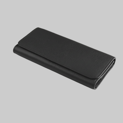 Black leather wallet on a light gray background