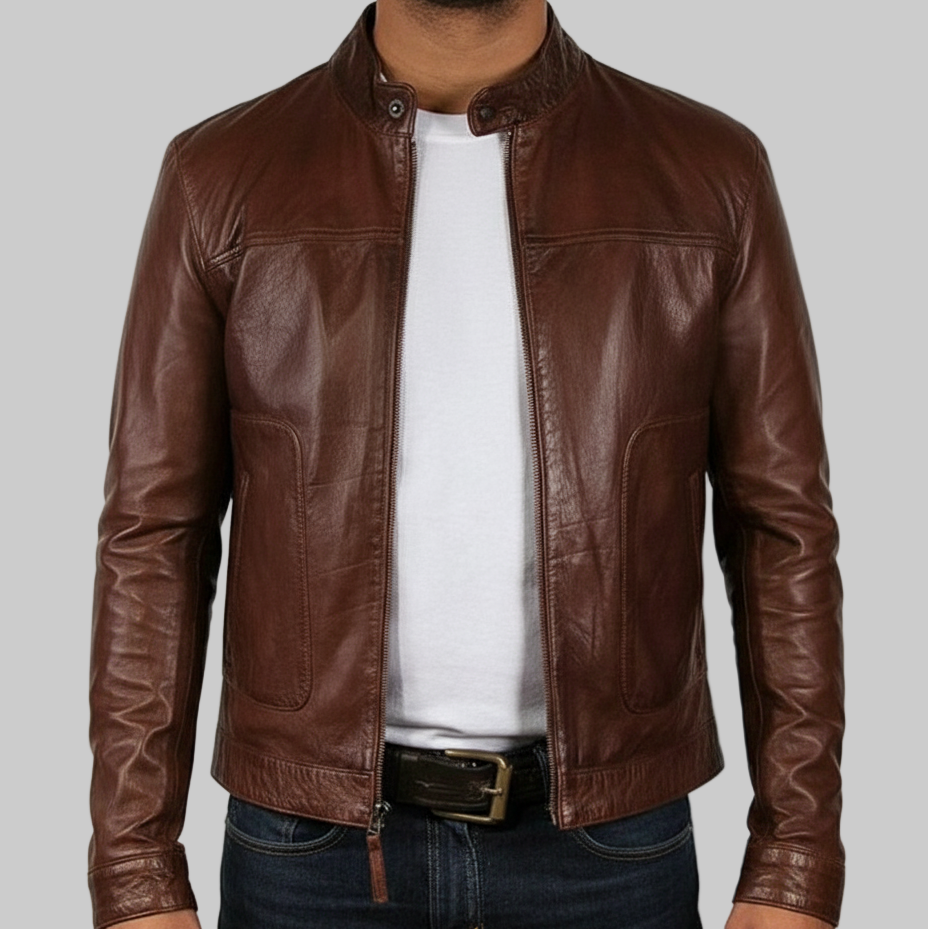 Brown leather jacket worn by a person on a white background