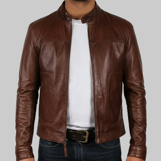 Brown leather jacket worn by a person on a white background