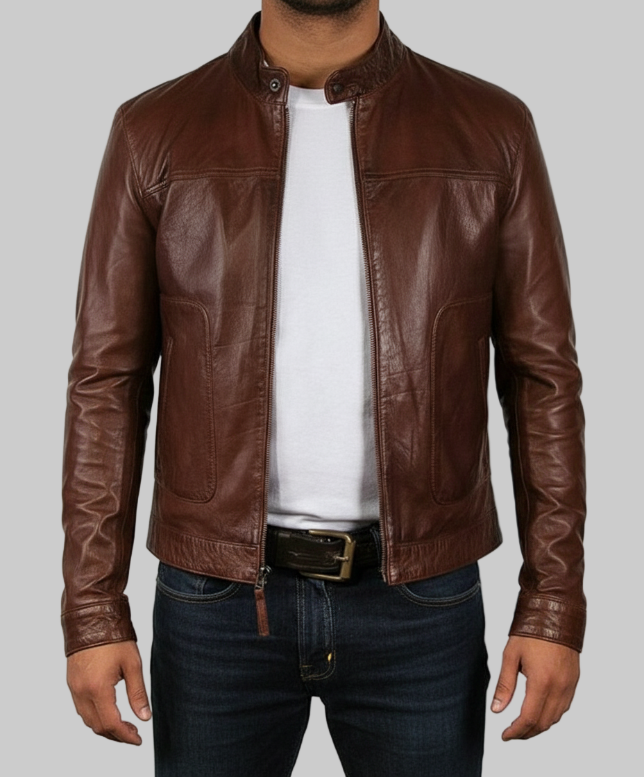 Brown leather jacket worn by a person on a white background