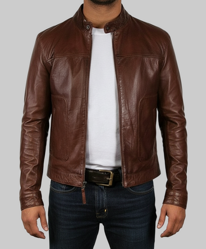 Brown leather jacket worn by a person on a white background