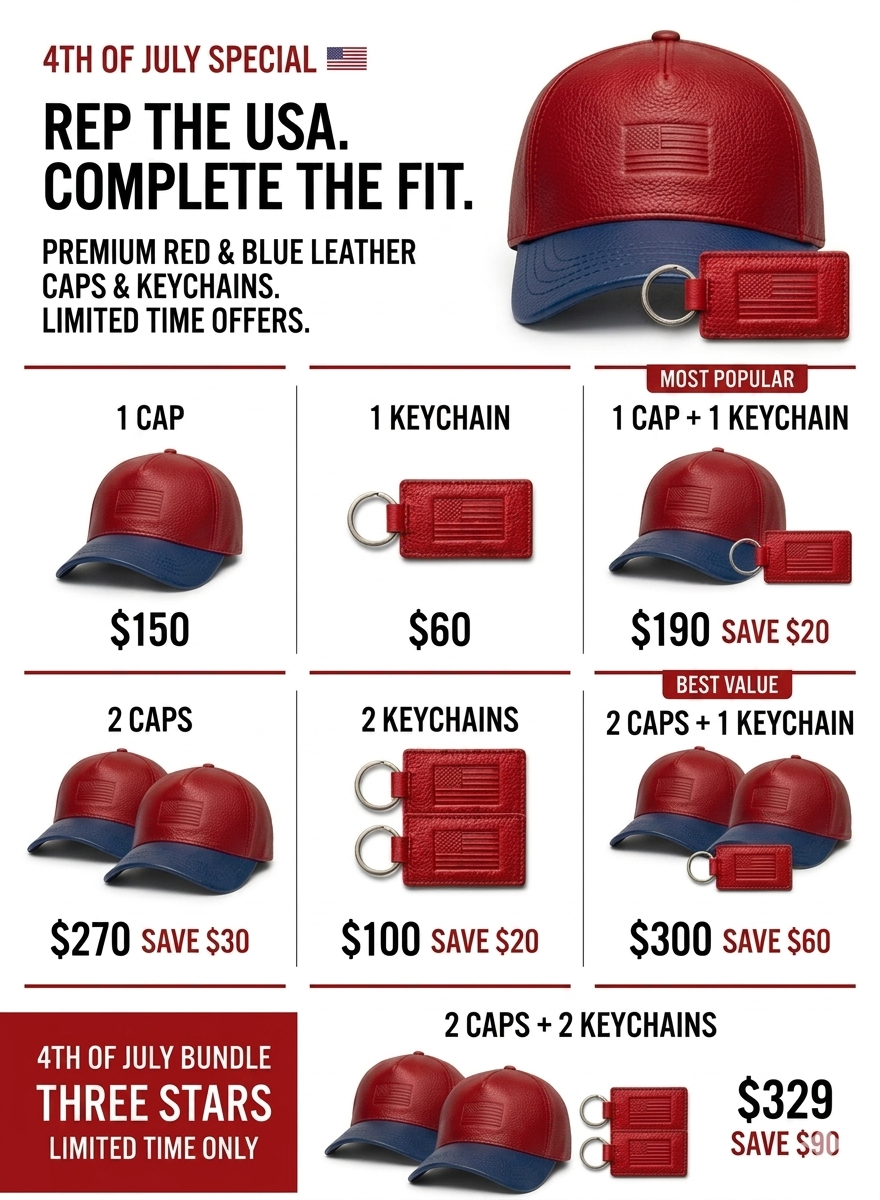 Promotional graphic for red and blue leather caps and keychains with pricing and special offers.