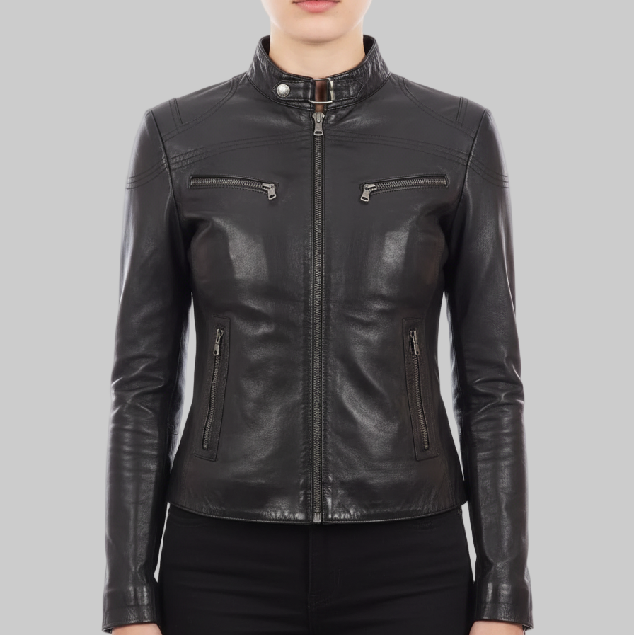 Black leather jacket worn by a person on a white background