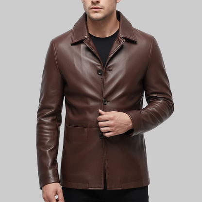 Brown leather jacket worn by a person on a white background