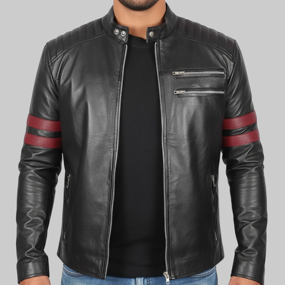 Black leather jacket with red stripes on sleeves worn by a person on a white background