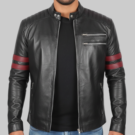Black leather jacket with red stripes on sleeves worn by a person on a white background