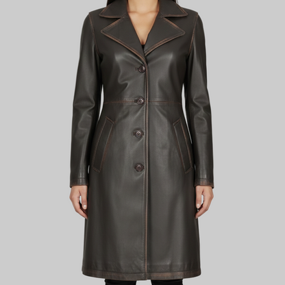 Dark brown leather coat worn by a model on a gray background