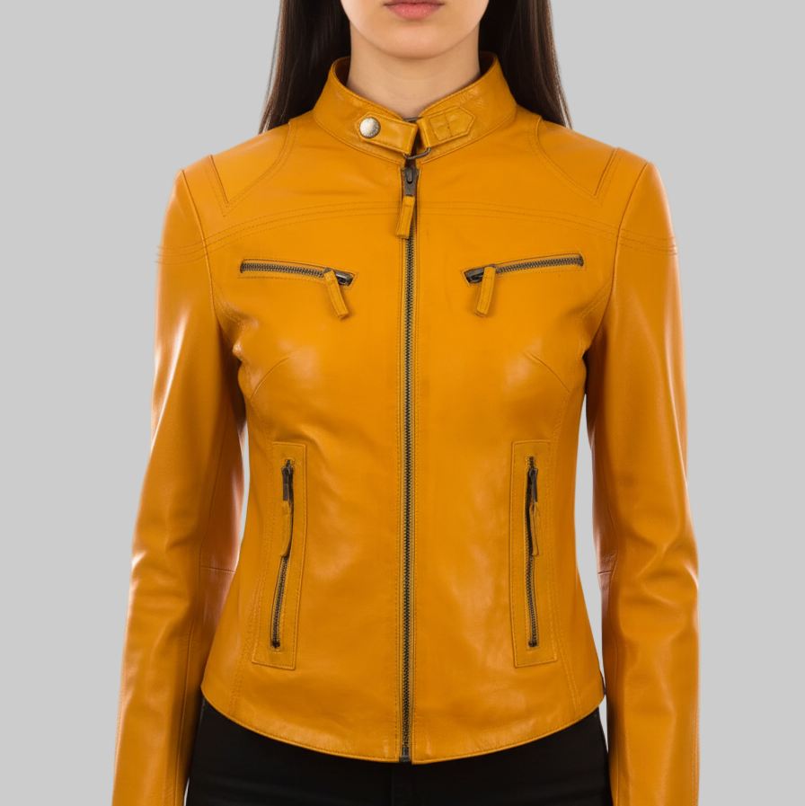 Yellow leather jacket worn by a person on a white background