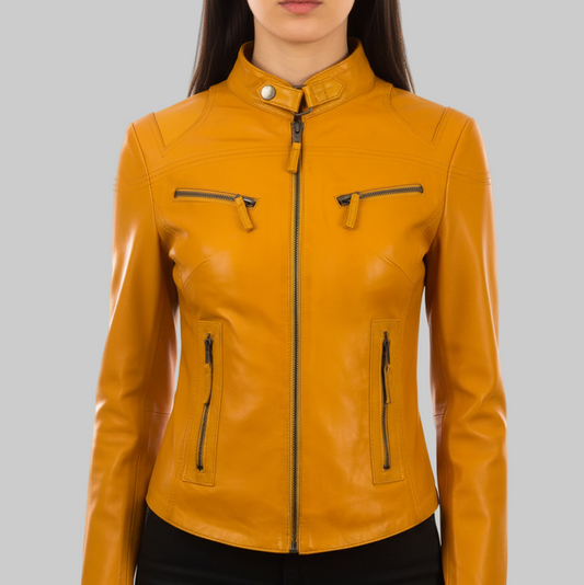 Yellow leather jacket worn by a person on a white background