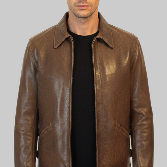 Man wearing a brown leather jacket on a white background