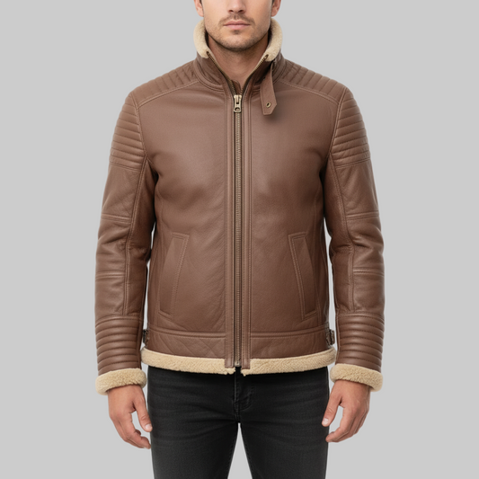 Brown leather jacket with fur trim on a gray background