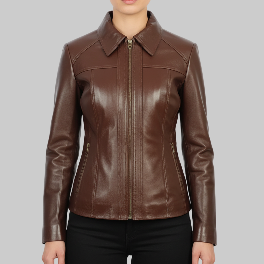 Brown leather jacket worn by a person on a gray background