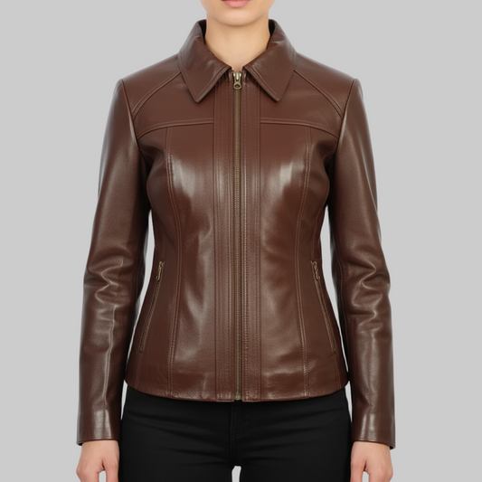 Brown leather jacket worn by a person on a gray background
