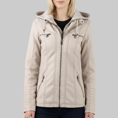 Beige jacket with a hood worn by a person on a white background