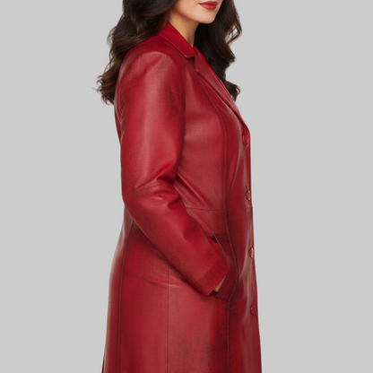 Woman wearing a red leather coat on a white background
