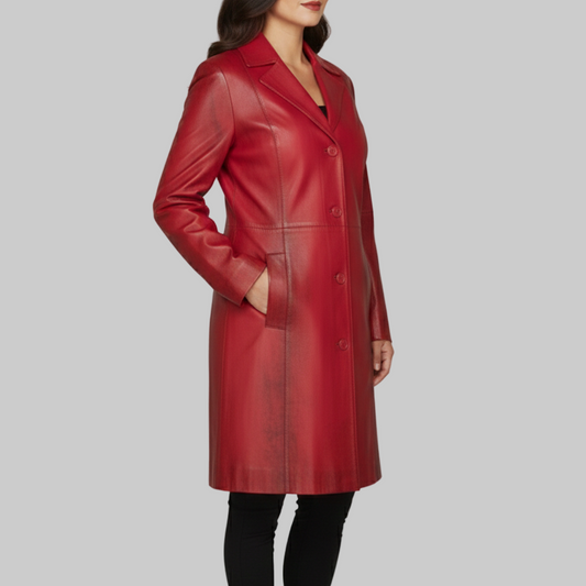 Woman wearing a red leather coat on a gray background