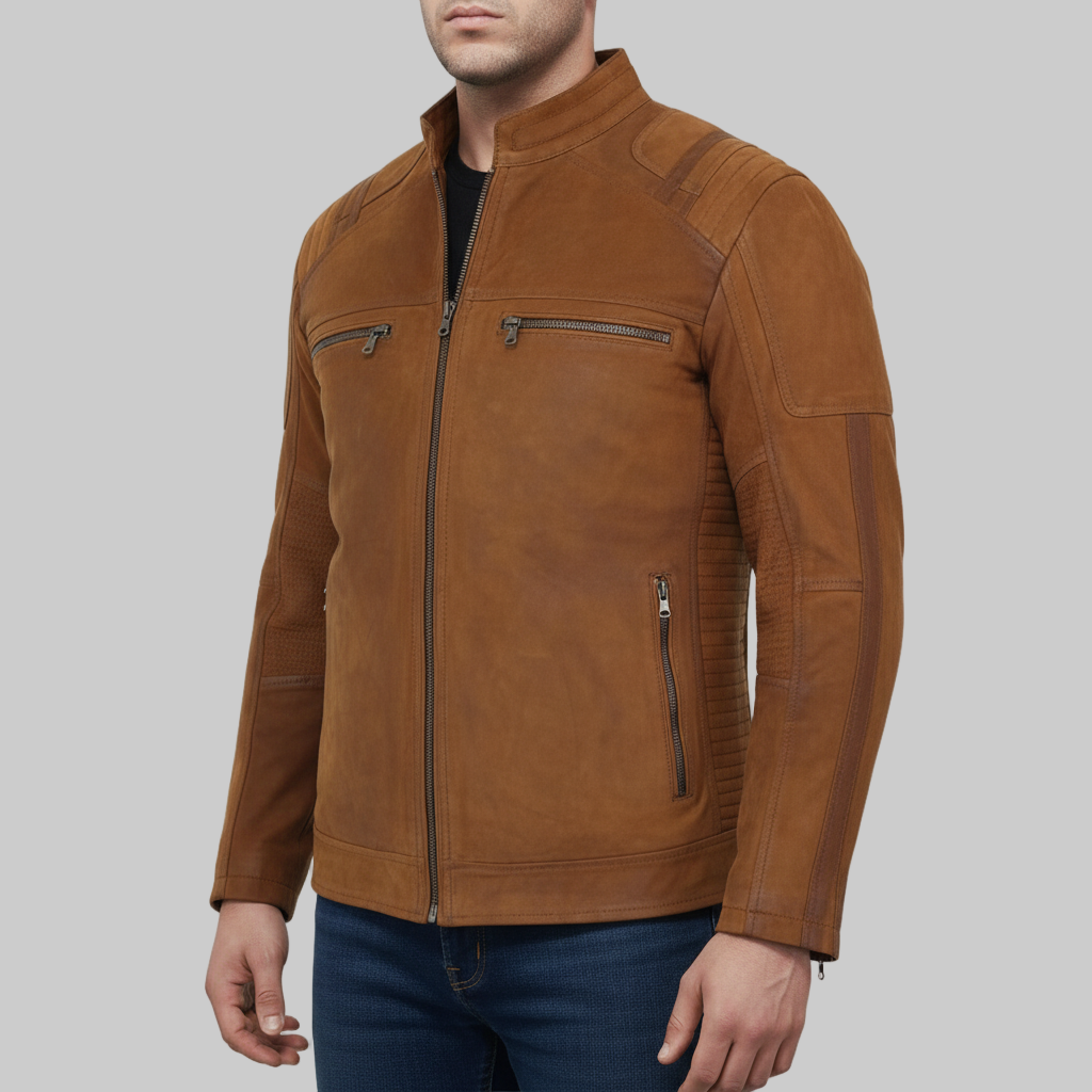 Brown leather jacket worn by a person on a white background