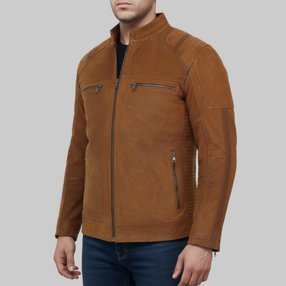 Brown leather jacket worn by a person on a white background