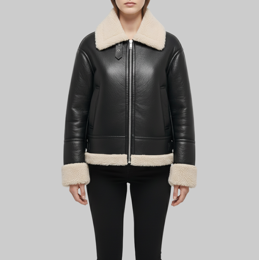 Black leather jacket with beige shearling collar and cuffs on a white background