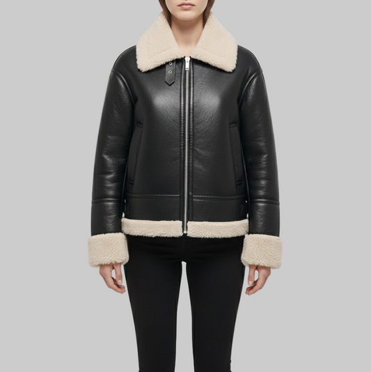 Black leather jacket with beige shearling collar and cuffs on a white background
