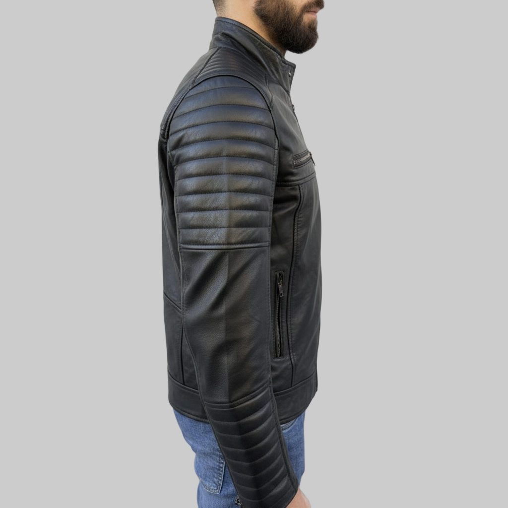 Black leather jacket worn by a person on a white background