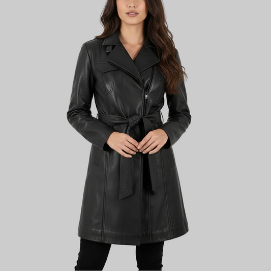 Black leather coat worn by a model on a light pink background