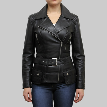 Black leather jacket worn by a person on a white background