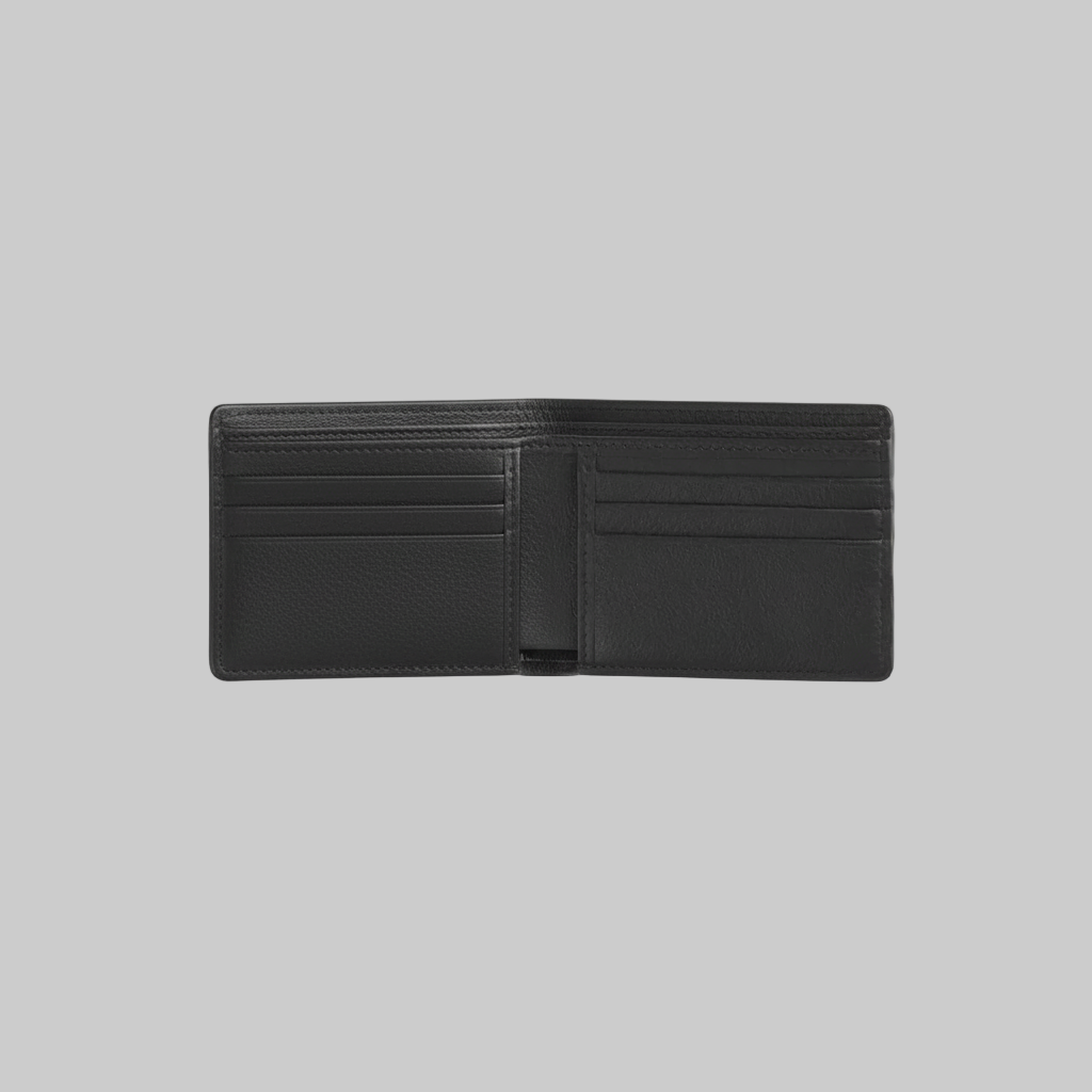 Black leather wallet on a light gray background
