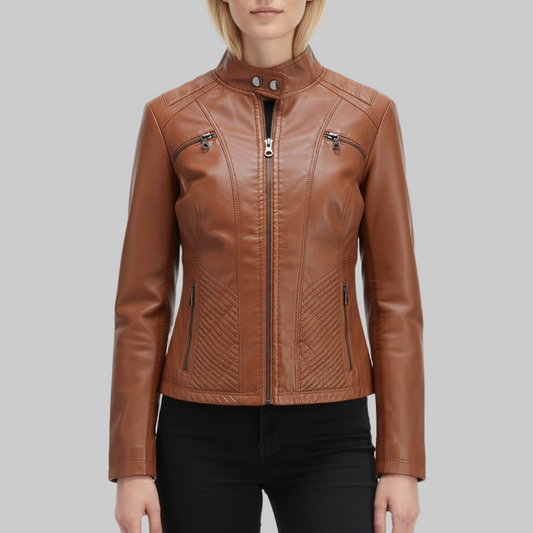 Brown leather jacket worn by a person on a white background