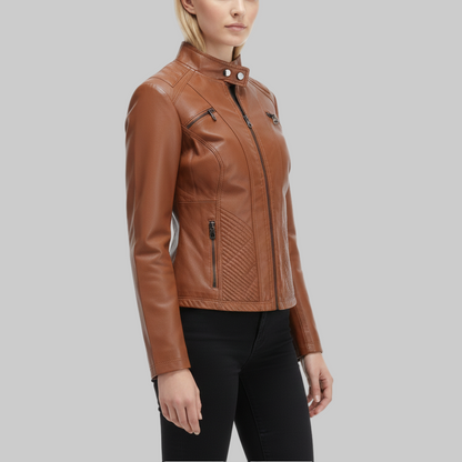 Woman wearing a brown leather jacket on a white background