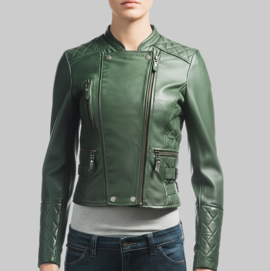 Green leather jacket worn by a person on a white background