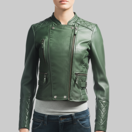 Green leather jacket worn by a person on a white background