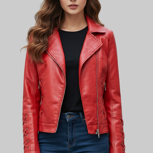 Red leather jacket worn by a person with a neutral background