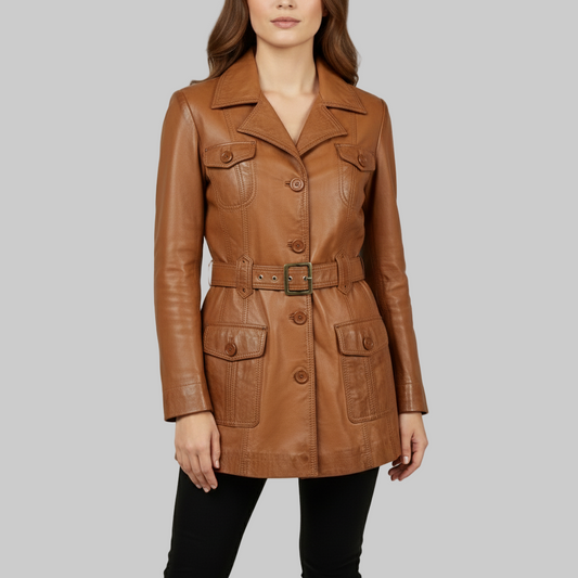 Brown leather coat worn by a model on a plain background