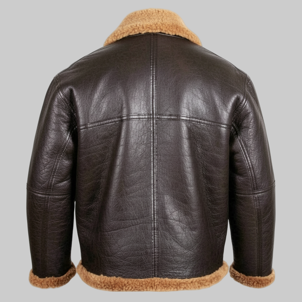 Black leather jacket with brown fur lining on a white background