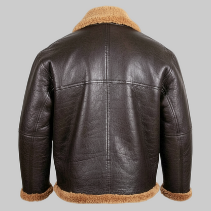 Black leather jacket with brown fur lining on a white background