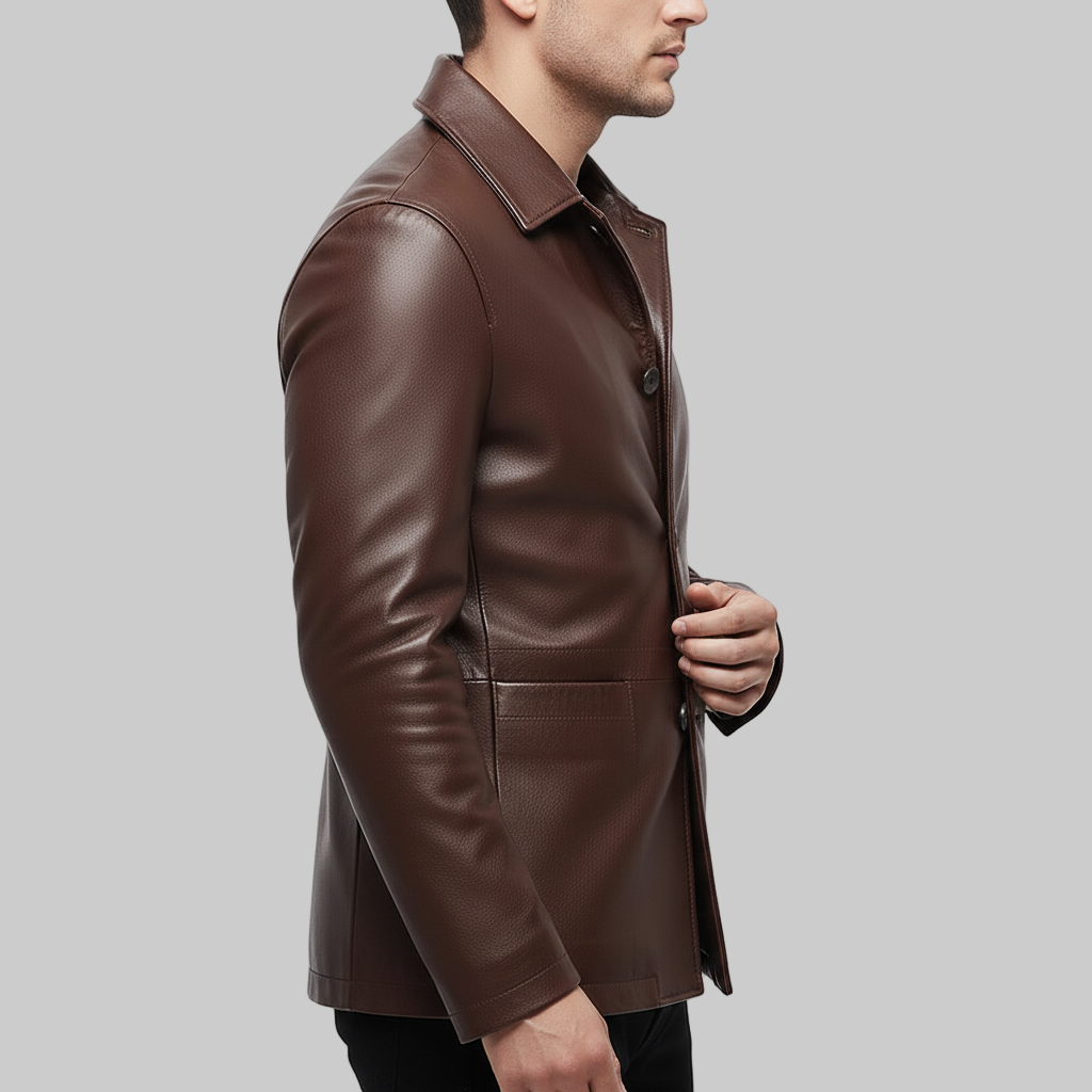 Brown leather coat worn by a person on a white background