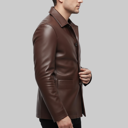 Brown leather coat worn by a person on a white background