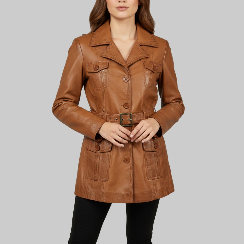 Brown leather jacket worn by a model on a plain background