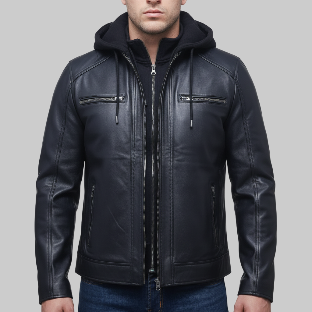 Black leather jacket with a hood on a white background