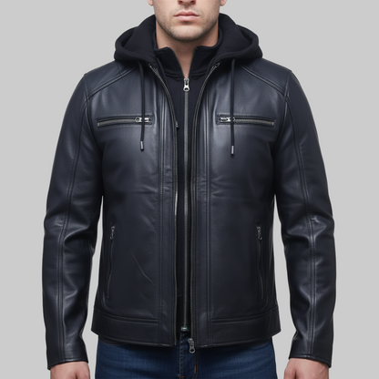 Black leather jacket with a hood on a white background