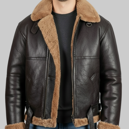 Brown leather jacket with fur lining on a white background