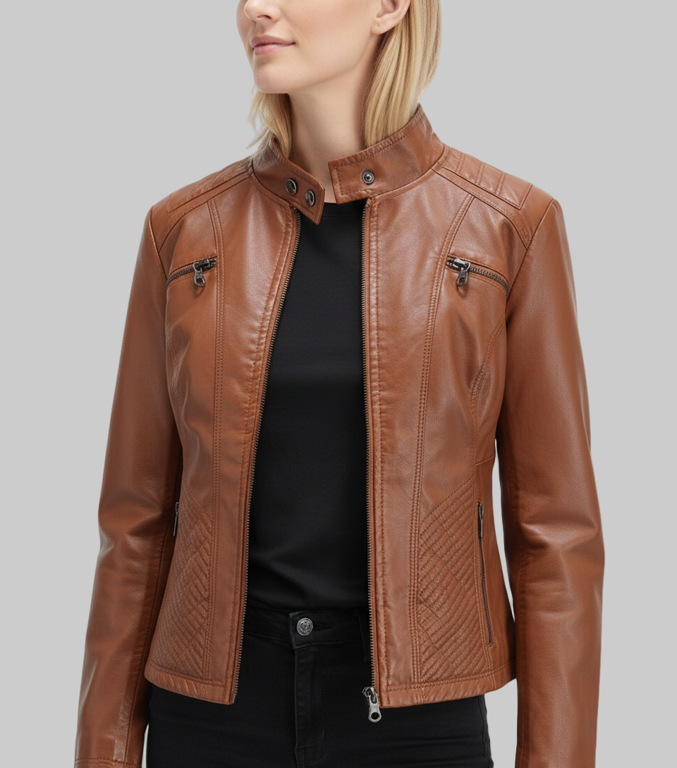 Brown leather jacket worn by a person on a white background