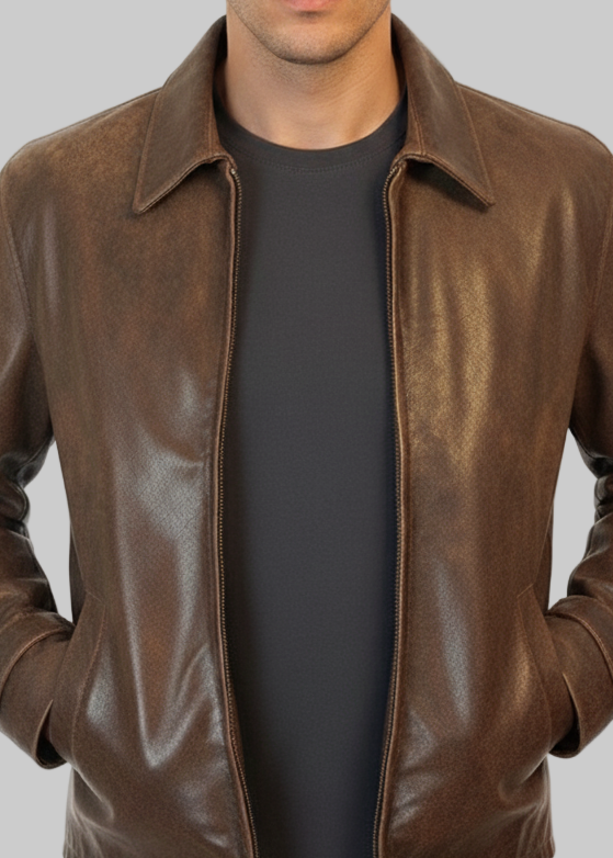 Man wearing a brown leather jacket on a white background