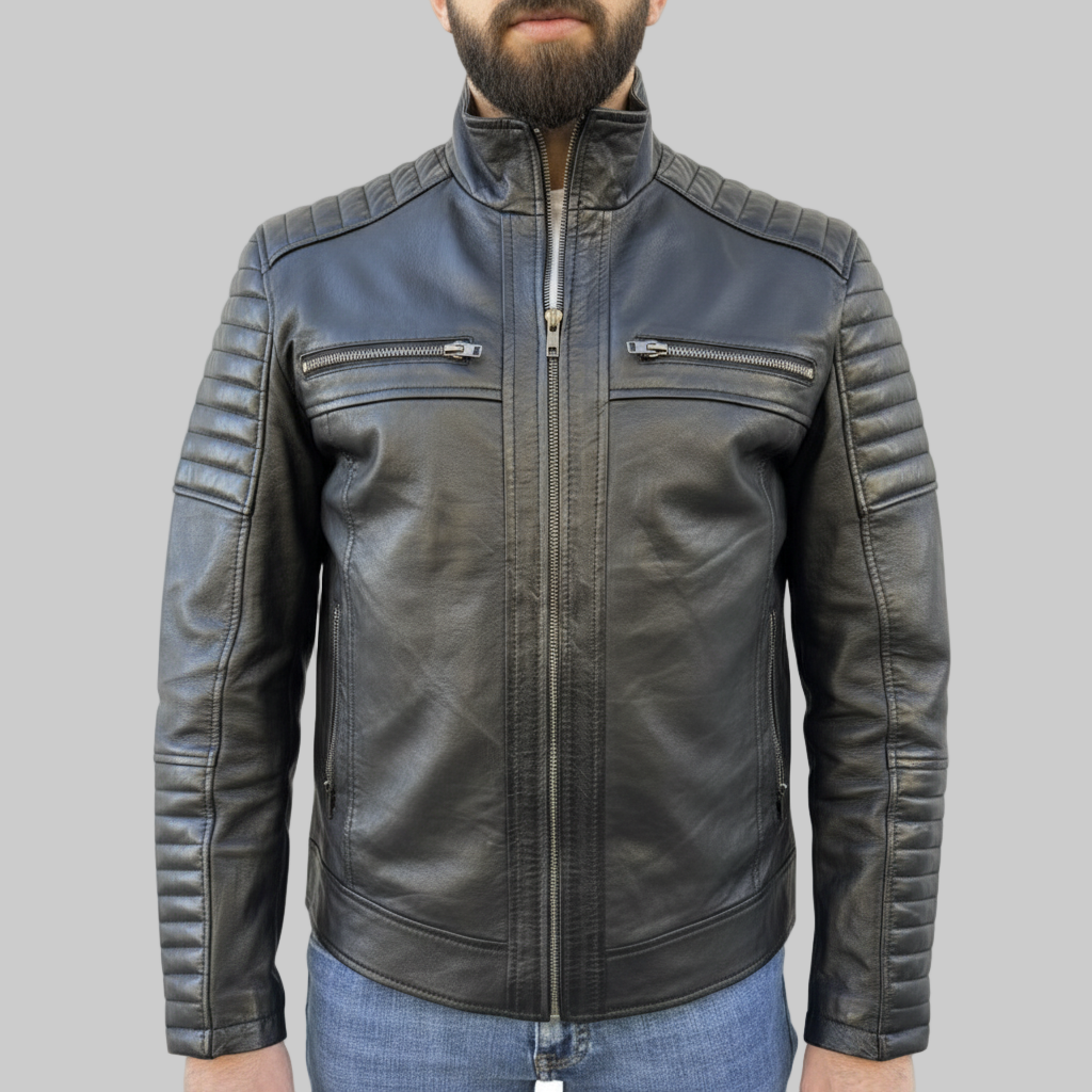 Black leather jacket worn by a person on a white background