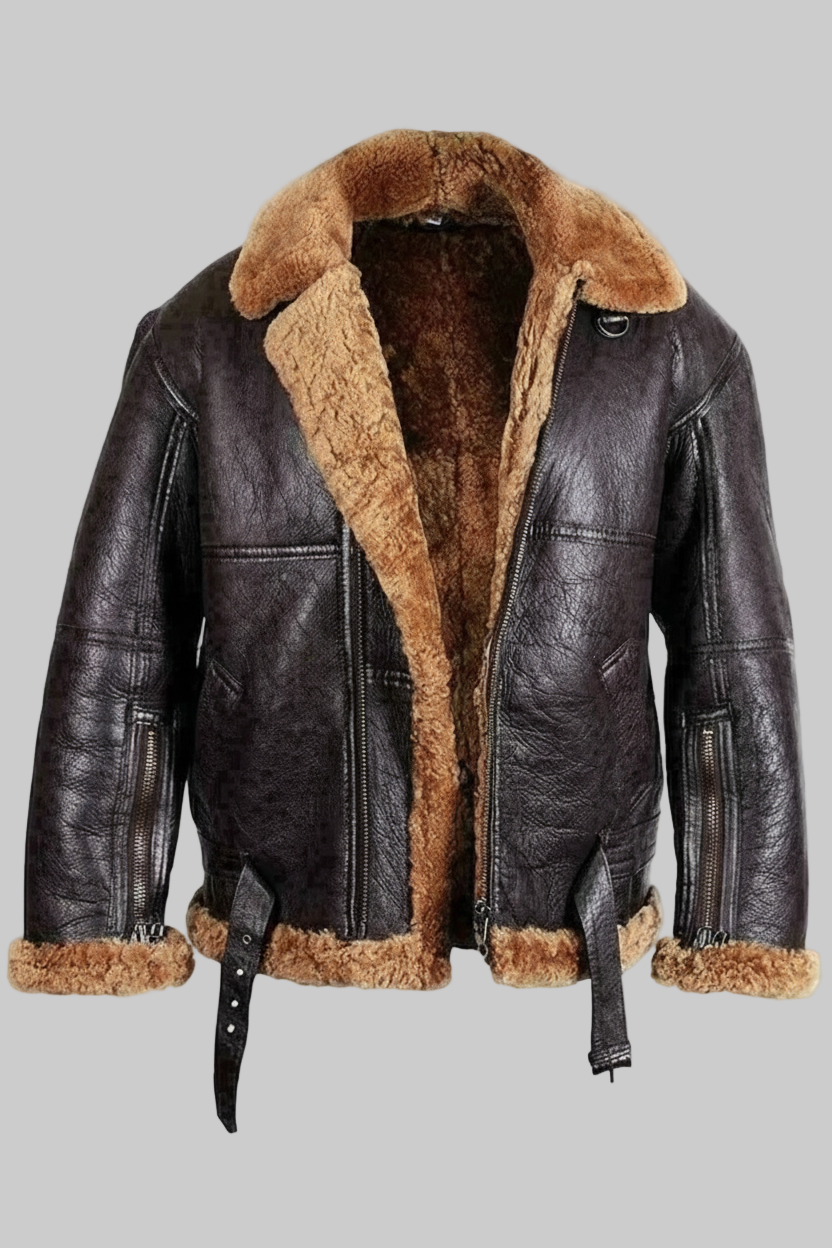 Brown leather jacket with fur lining on a white background