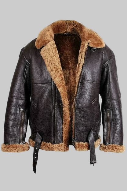Brown leather jacket with fur lining on a white background
