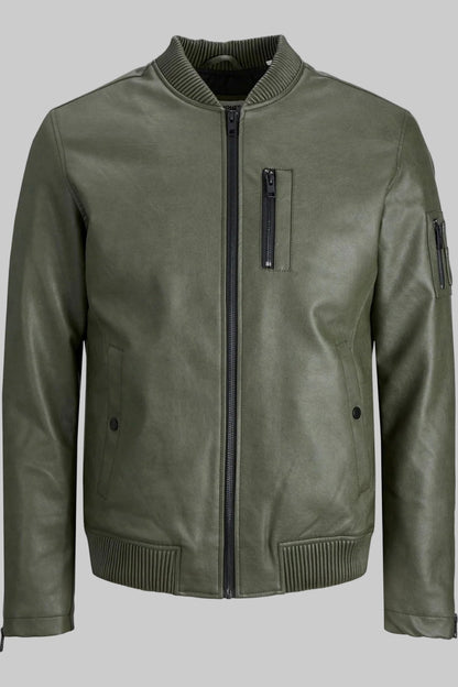 Green leather jacket on a white background