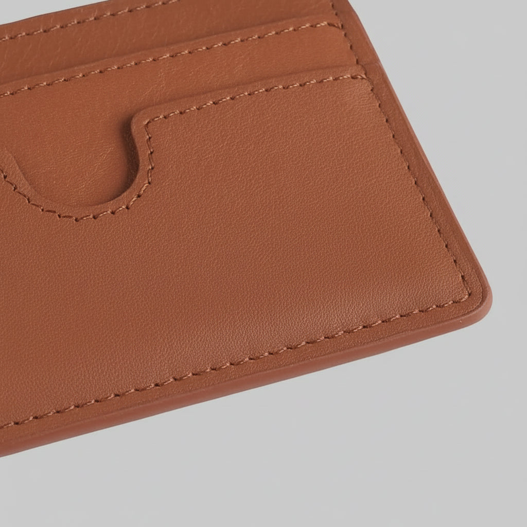 Brown leather cardholder with 'TRUGARRY' branding on a light gray background